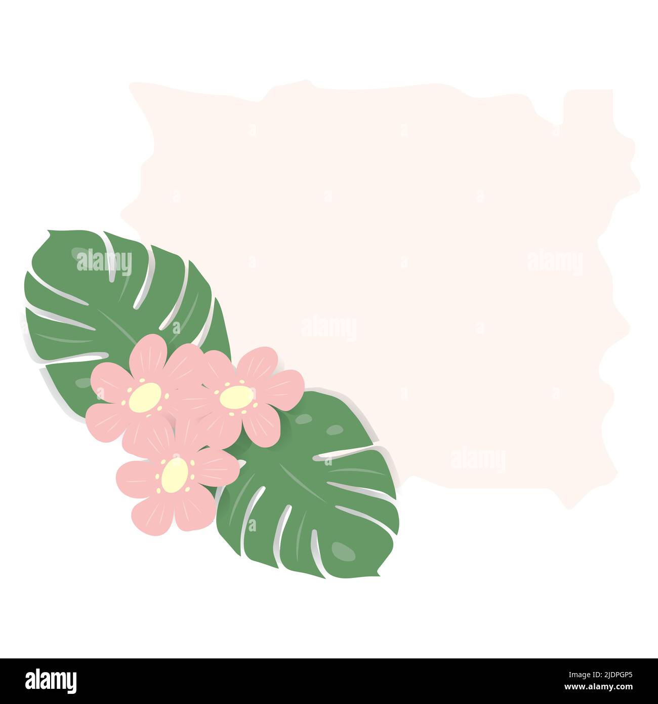 Cornice rettangolare astratta con un'immagine di fiori di colore rosa alla moda e foglie di monstera esotica. CopySpace. Modello per poster, cartolina, biglietto d'auguri, etichetta prezzo. Stile di vita. Illustrazione Vettoriale