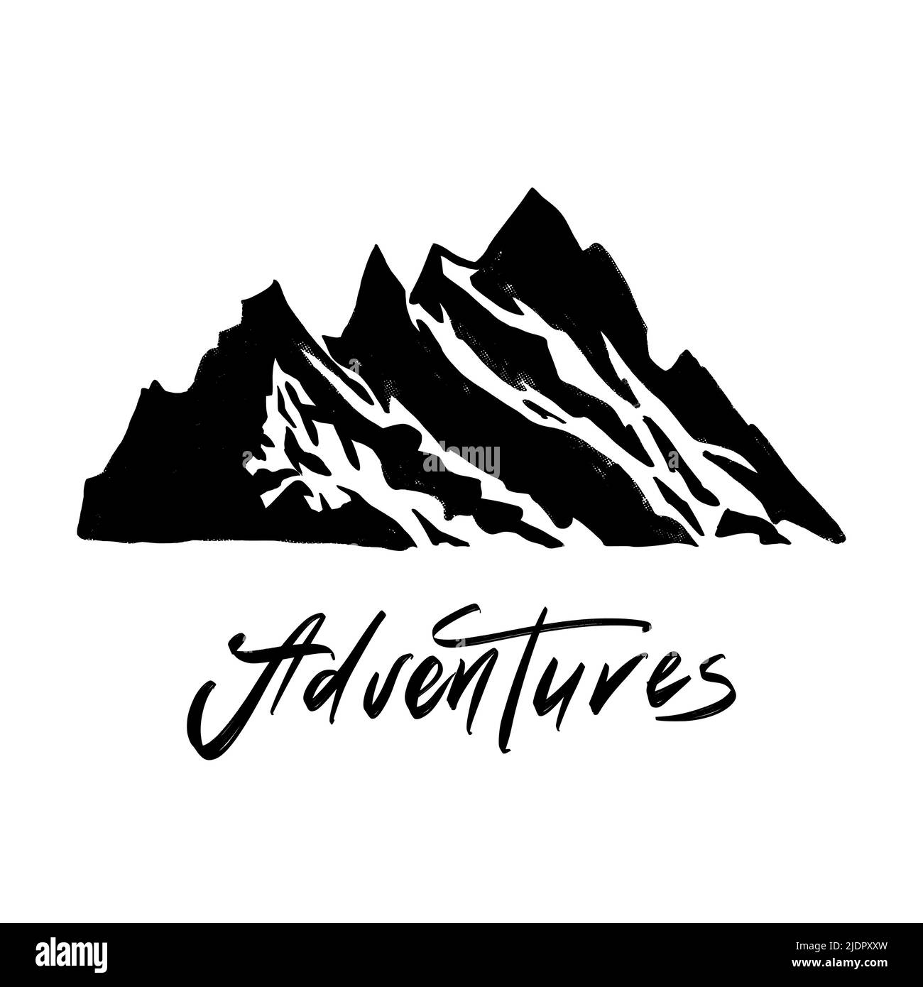 Ciao New Adventures T-shirt a grunge disegnata a mano con le montagne. Badge vintage per escursioni e viaggi. Illustrazione Vettoriale