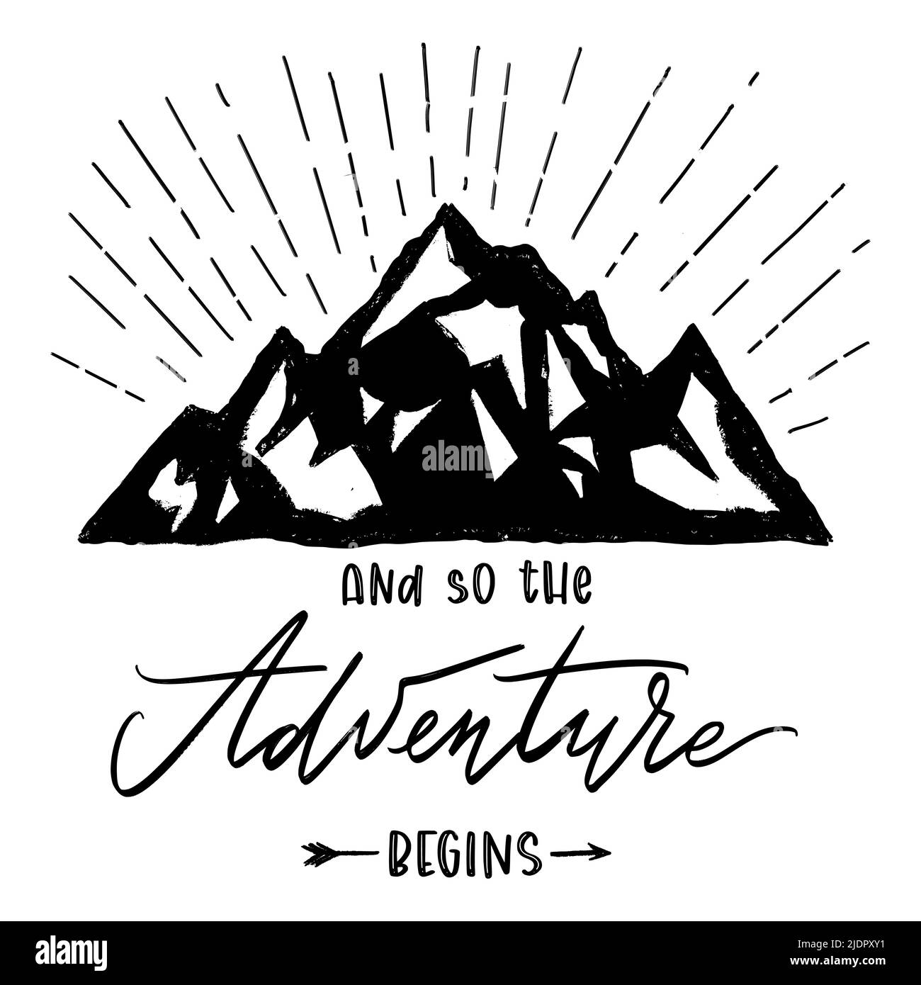 Ciao New Adventures T-shirt a grunge disegnata a mano con le montagne. Badge vintage per escursioni e viaggi. Illustrazione Vettoriale