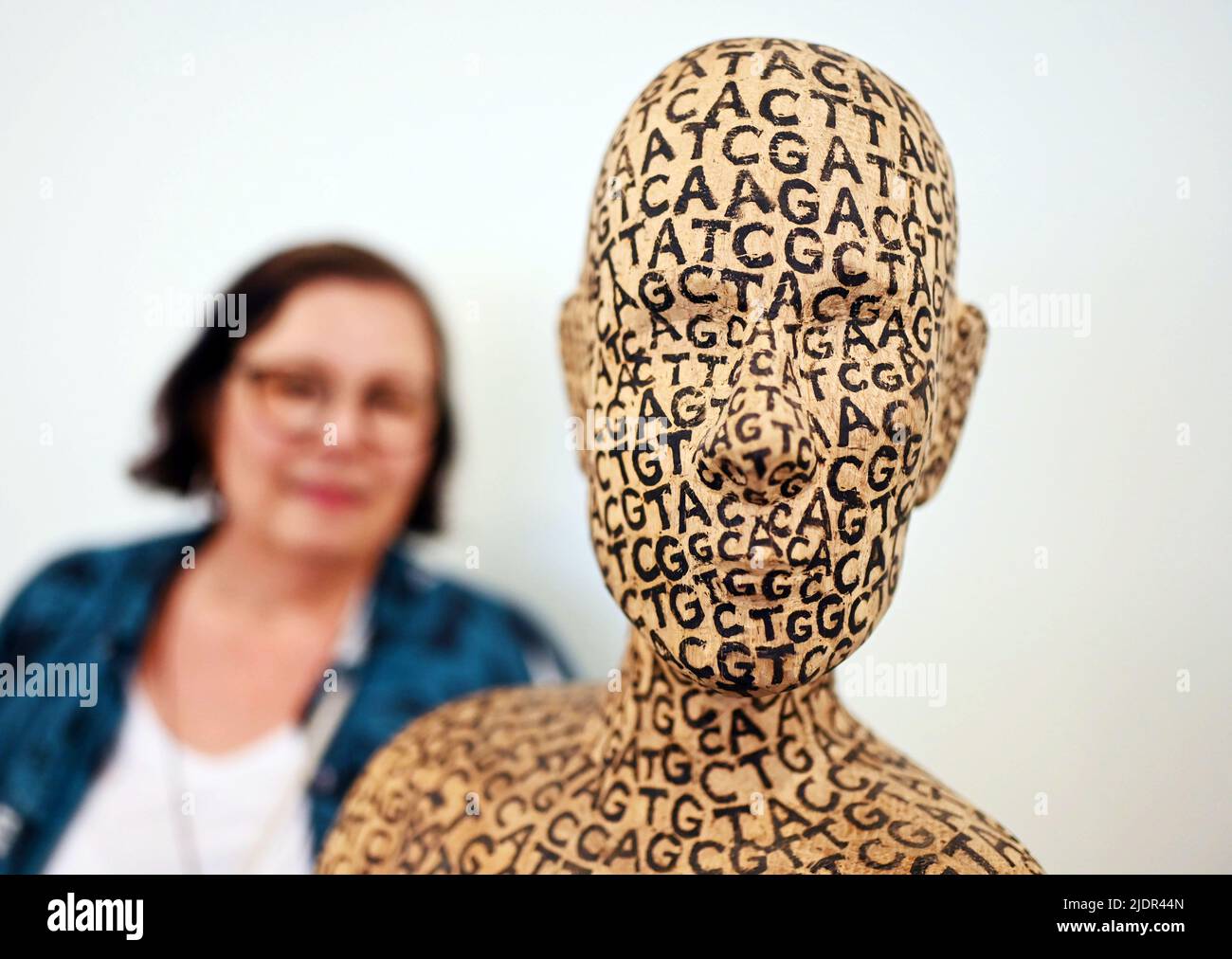 Pforzheim, Germania. 22nd giugno 2022. Nel museo della gioielleria della Reuchlinhaus, viene mostrata l'opera "il codice genetico umano" del 2003 del duo di artisti Fischerartwork (Sandra e Uwe Fischer). Fa parte della mostra "chöngeschrieben - Schmuck, Zeichen- und Druckunst" che si può vedere dal 25.06.2022 al 06.11.2022 in occasione del 500th anniversario della morte del filosofo Johannes Reuchlin (1455-1522). Credit: Uli Deck/dpa/Alamy Live News Foto Stock