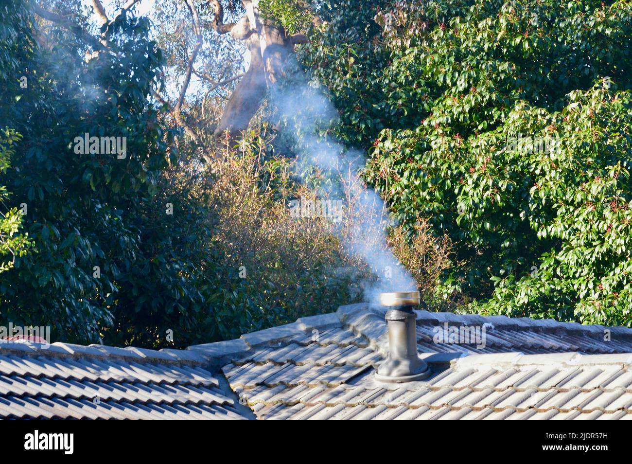 Il fumo sorge da un camino di una casa Foto Stock