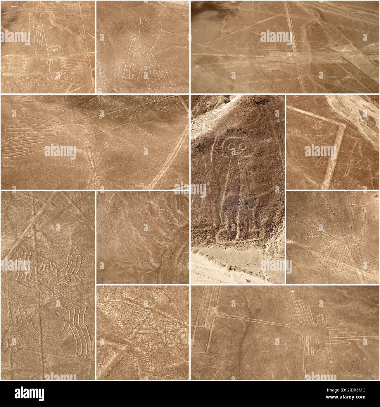 Patrimonio dell'UNESCO: Linee e geoglifi di Nazca, Perù - collage (dall'alto a sinistra: Uccello marino, mano, pellicano, condor, gigante, balena, ragno, scimmia, cane, scor Foto Stock