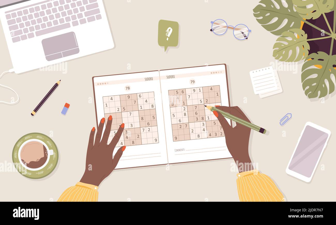 Sudoku gioco. Concetto di apprendimento e tempo libero. La donna africana risolve il puzzle cruciverba. Vista dall'alto sul luogo di lavoro. Compito per lo sviluppo del pensiero logico e. Illustrazione Vettoriale