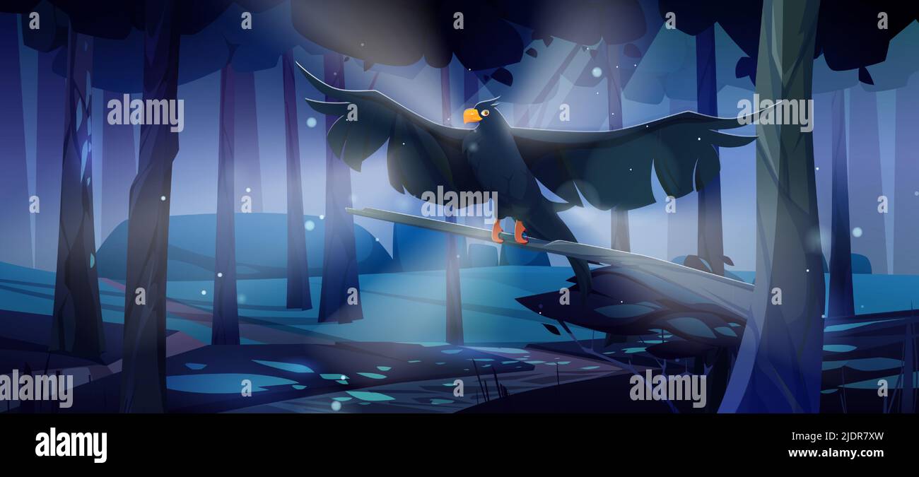 Corvo nero che vola in foresta di conifere di notte. Illustrazione vettoriale del paesaggio boschivo con corvo selvatico con ali sparse, pini, erba e fascio di luce lunare Illustrazione Vettoriale