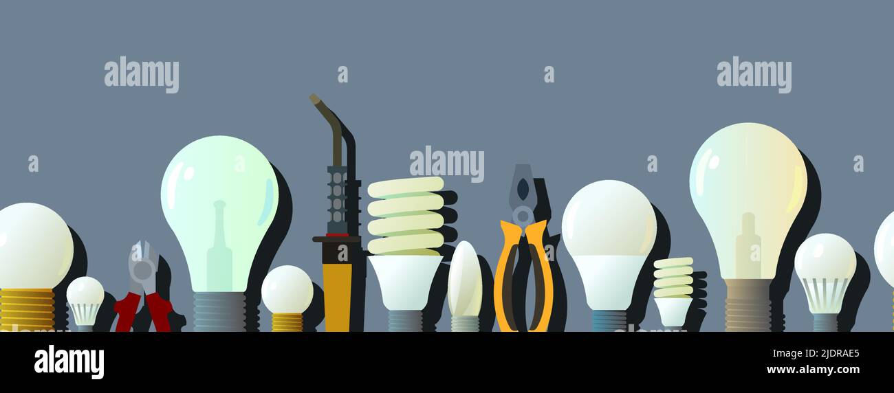 Lampadina elettrica in vetro. Dispositivo di illuminazione. Tecnologie di risparmio energetico. Strumenti per elettricisti. Bordo inferiore della composizione orizzontale senza giunture. Vettore. Illustrazione Vettoriale