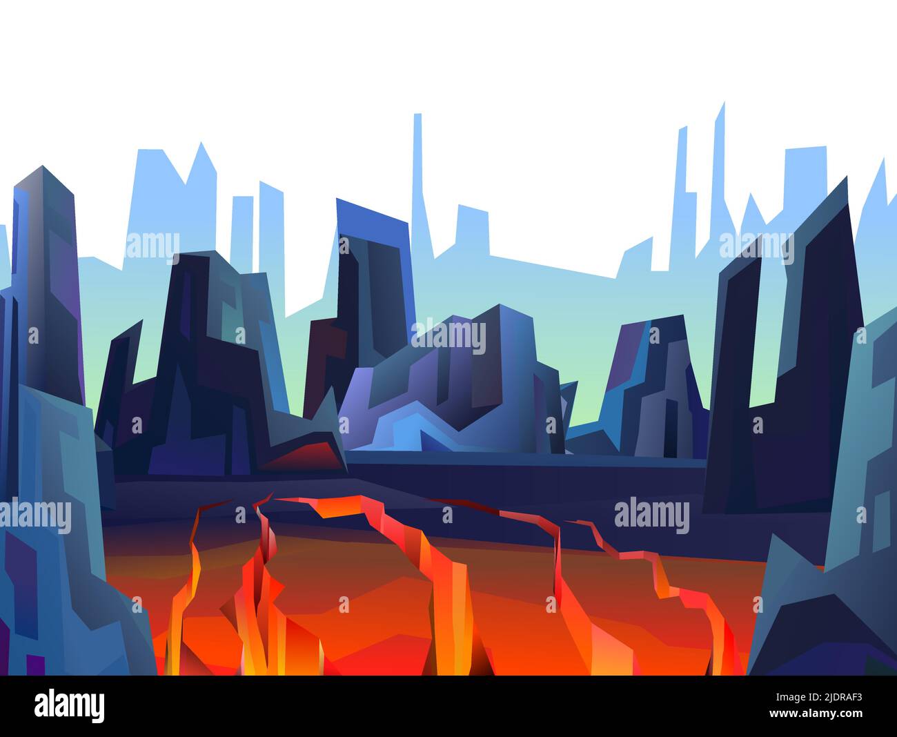 Rocce paesaggio scogliere. Scenario notturno in montagna. Stile cartoon flat. Terra incrinata. Lava e magma. Terremoto vulcanico. Isolato su bianco Illustrazione Vettoriale