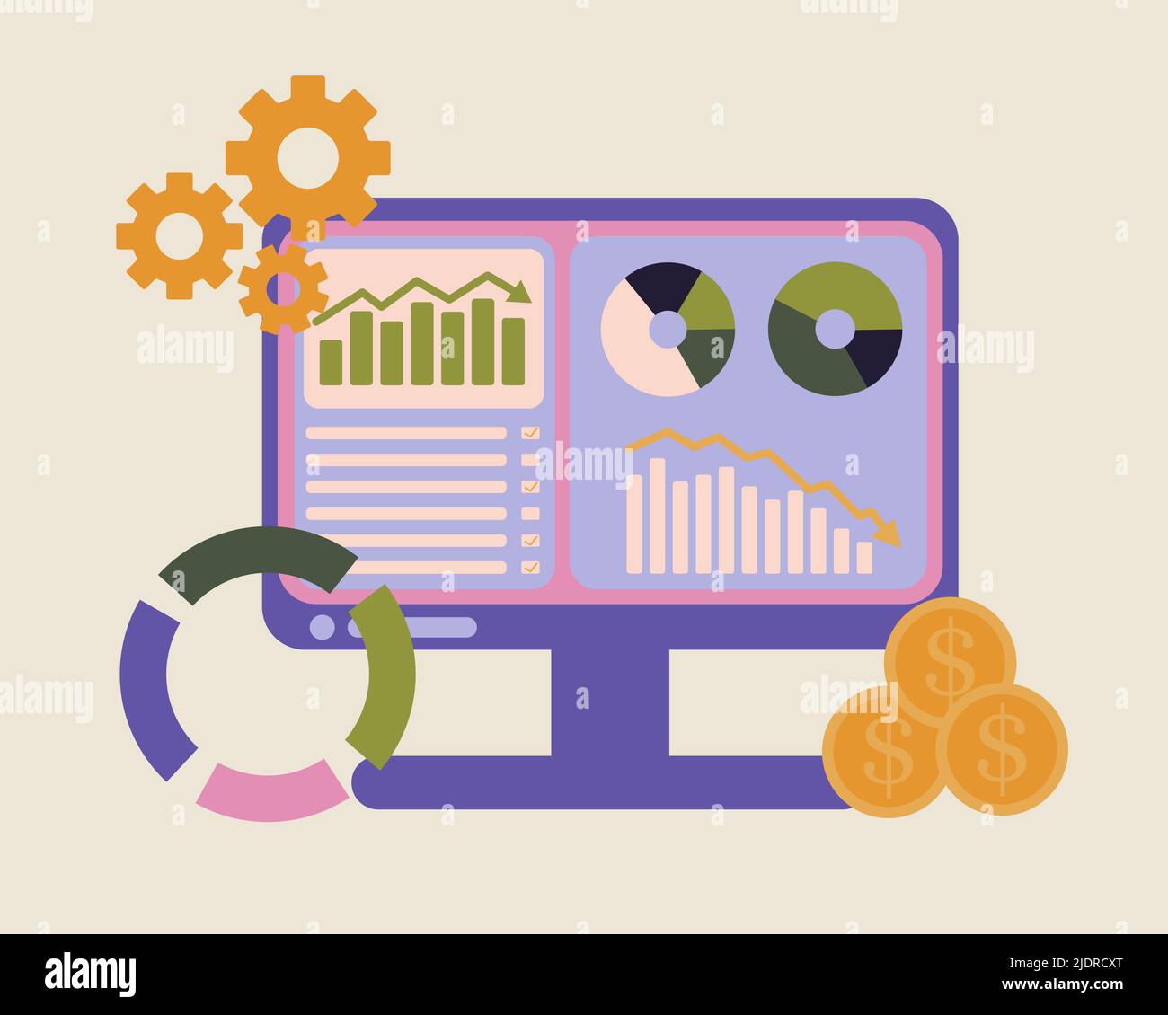 Postazione di lavoro, monitor per computer. L'argomento è il marketing digitale, lo smm, la crisi finanziaria, la crescita e la caduta grafico. Illustrazione vettoriale. Illustrazione Vettoriale