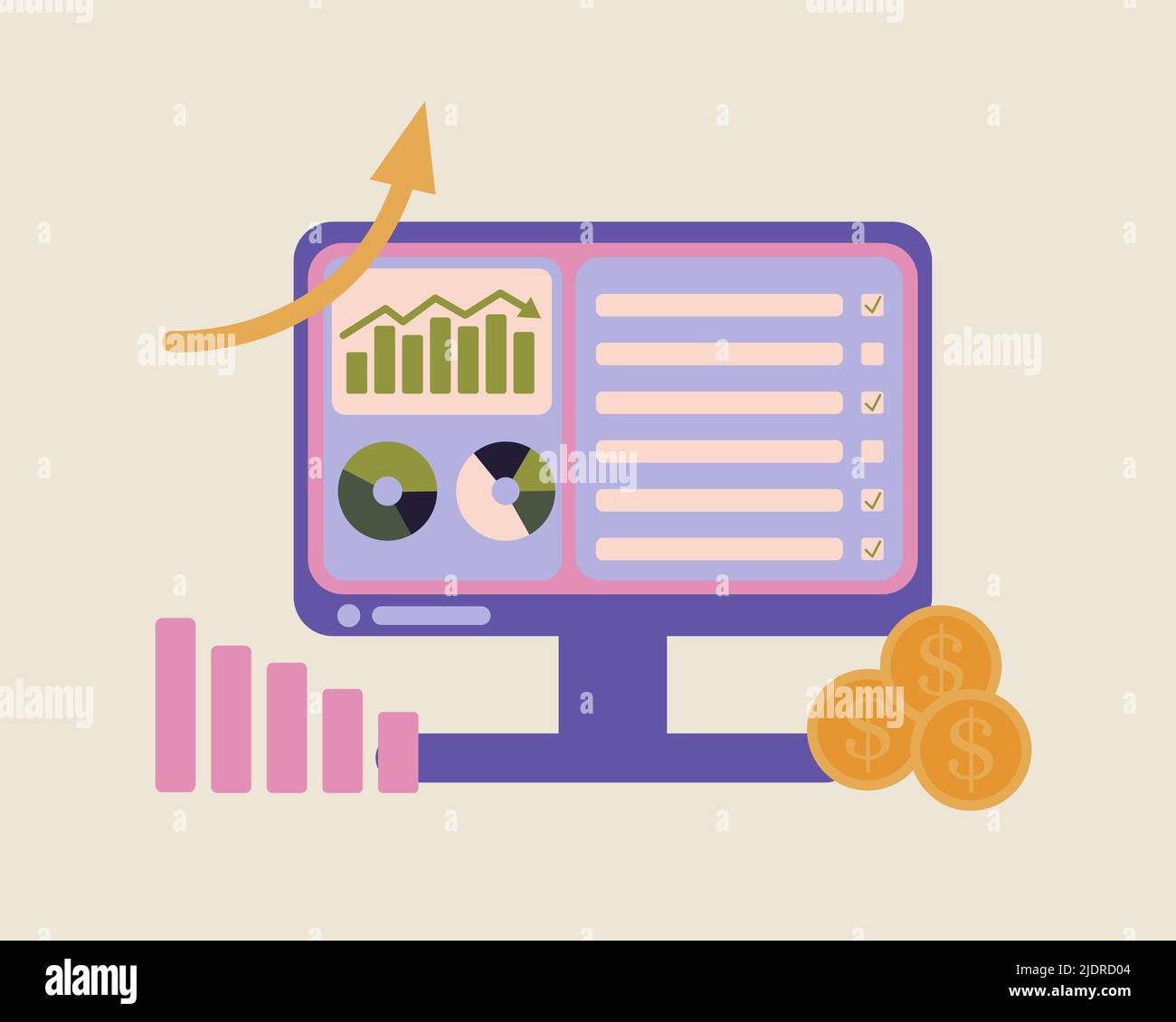 Postazione di lavoro, monitor per computer. Tema tecnologie finanziarie, crisi finanziaria, crescita e caduta grafico. Illustrazione vettoriale Illustrazione Vettoriale
