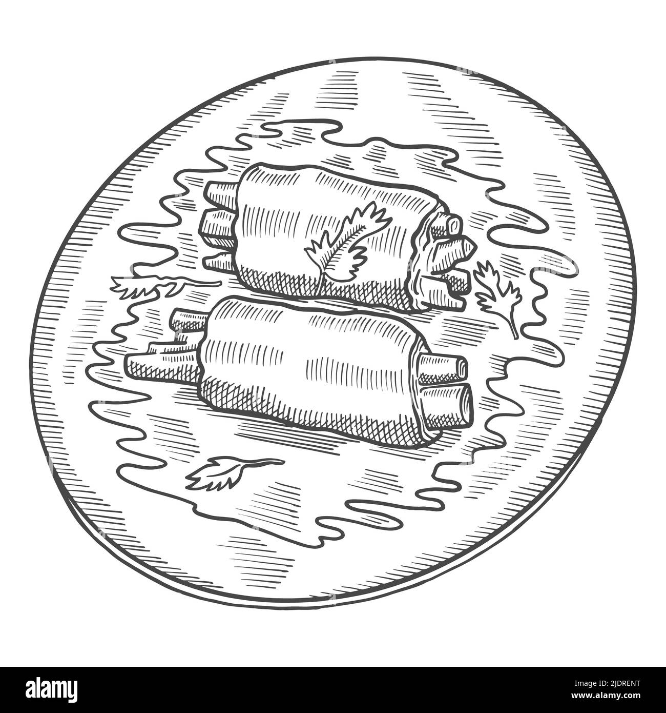 rouladen tedesco o germania cucina tradizionale cibo isolato doodle disegno a mano con contorno stile illustrazione vettoriale Foto Stock