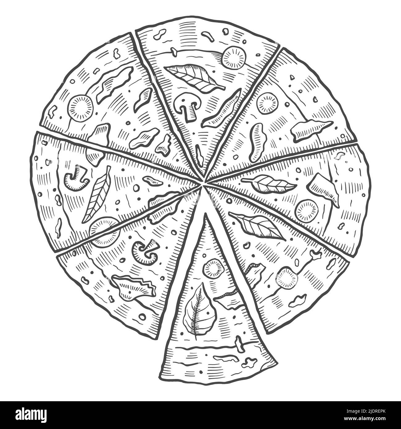 pizza italia o cucina italiana cibo tradizionale isolato doodle disegno a mano con contorno stile illustrazione vettoriale Foto Stock