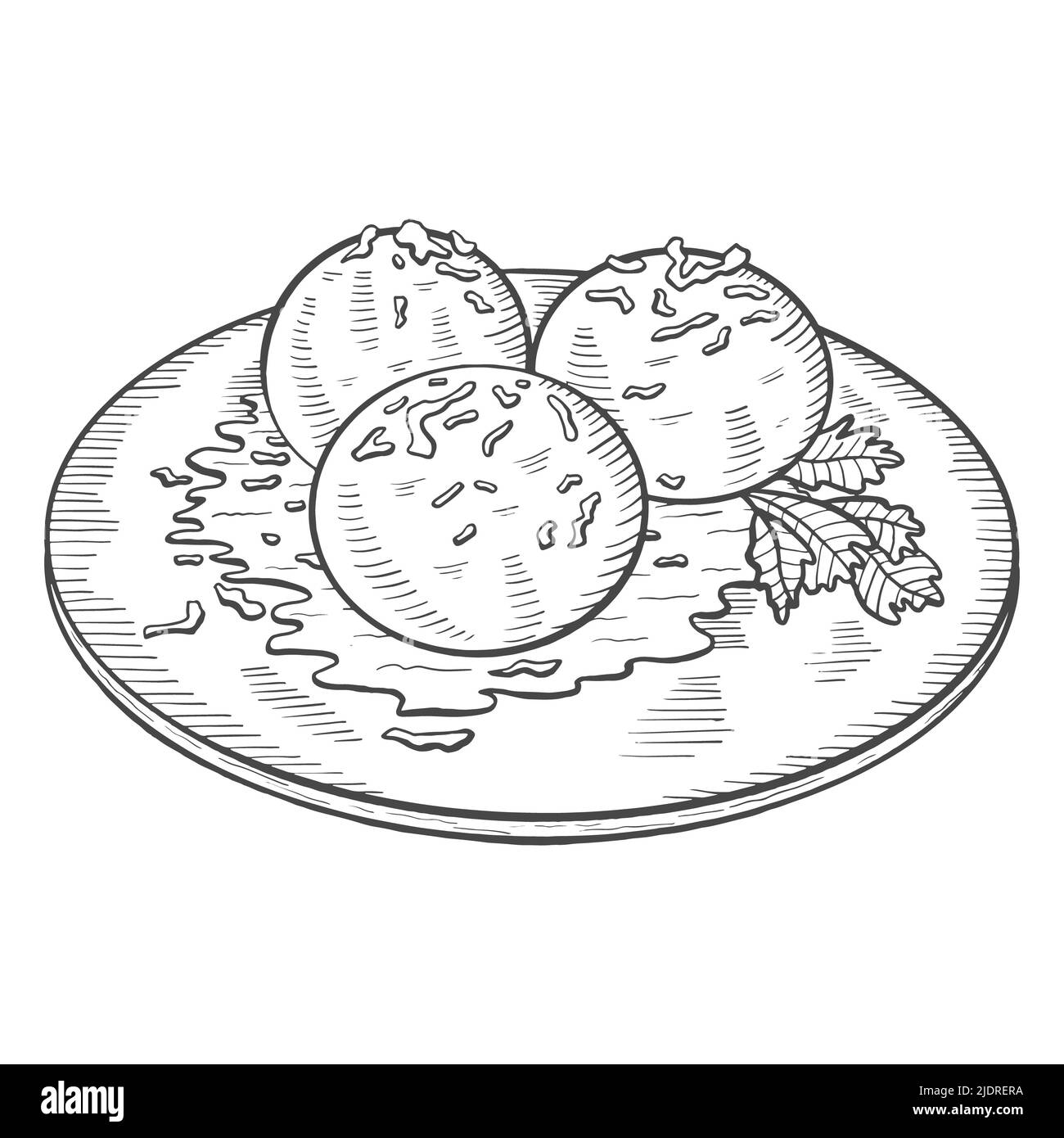 arancini italia o cucina italiana cibo tradizionale isolato doodle disegno a mano con disegno vettoriale stile contorno Foto Stock