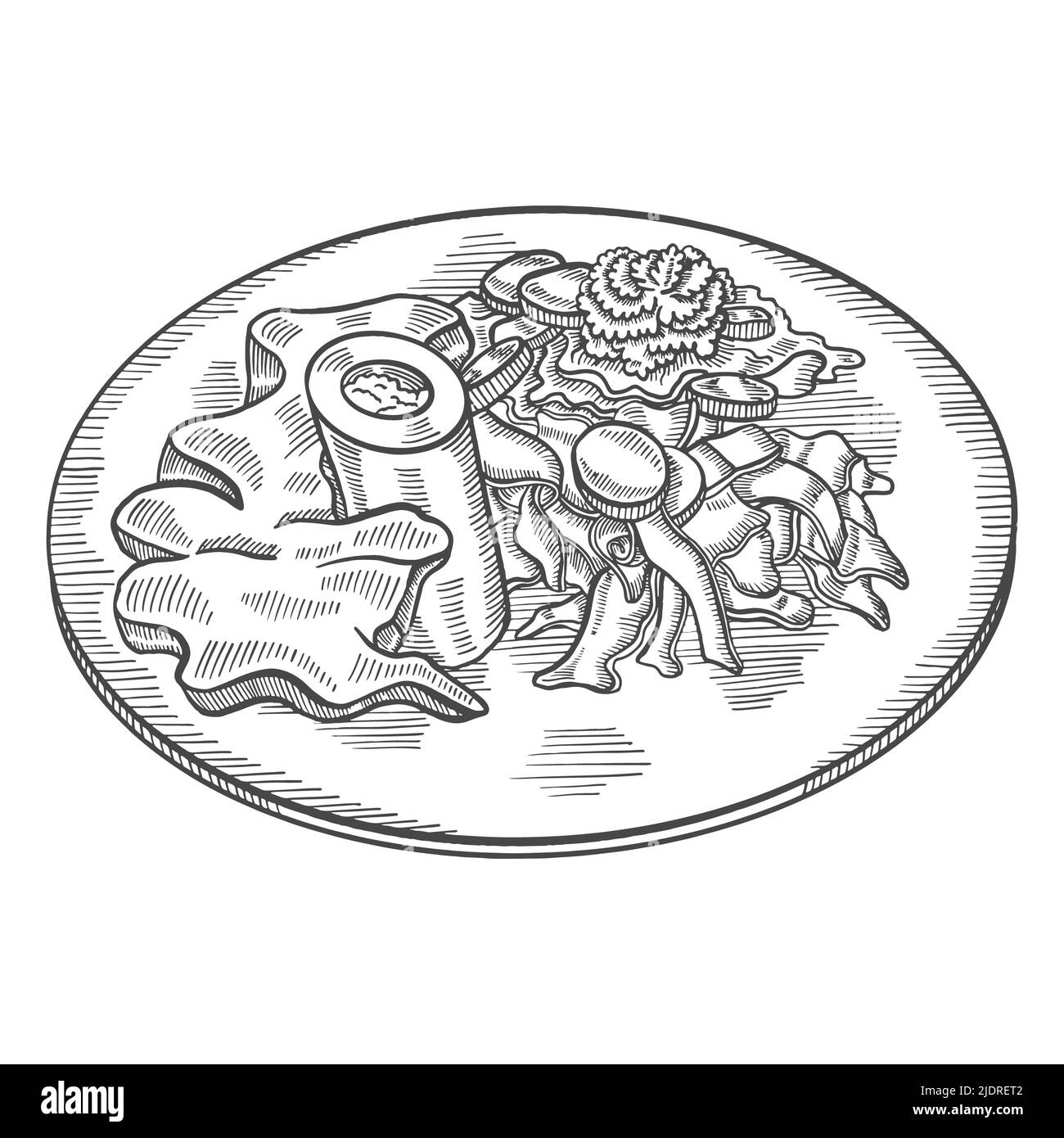 ossobuco italia o cucina italiana cibo tradizionale isolato doodle disegno a mano con contorno stile illustrazione vettoriale Foto Stock