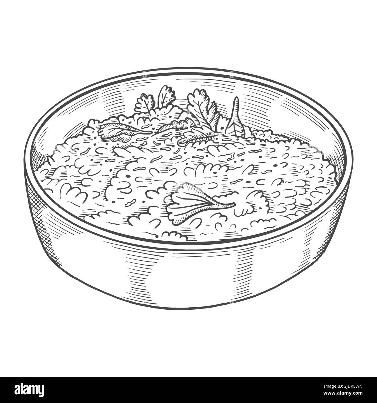 risotto italia o cucina italiana cibo tradizionale isolato doodle disegno a mano con contorno stile illustrazione vettoriale Foto Stock