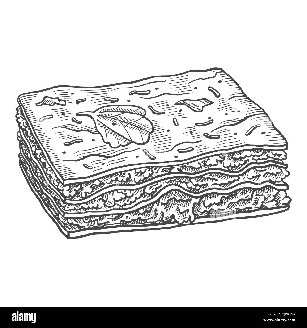 lasagna italia o cucina italiana cibo tradizionale isolato barbolo disegno a mano con disegno vettoriale stile contorno Foto Stock