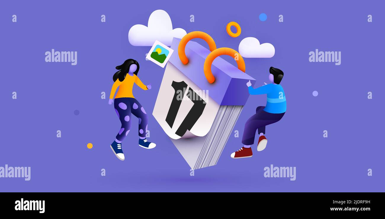 Modello di banner moderno con persone minuscole e calendario gigante. Banner del concetto di pianificazione con caratteri. Gestione del tempo, pianificazione di eventi e organizzazione. Illustrazione vettoriale Illustrazione Vettoriale