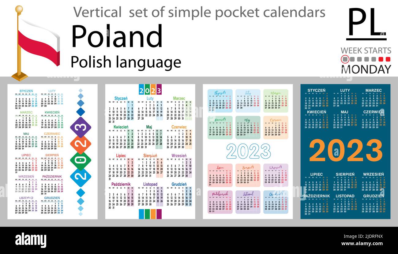 Calendario tascabile verticale polacco per il 2023 (duemilventitré). La settimana inizia lunedì. Anno nuovo. Design semplice a colori. Vettore Illustrazione Vettoriale