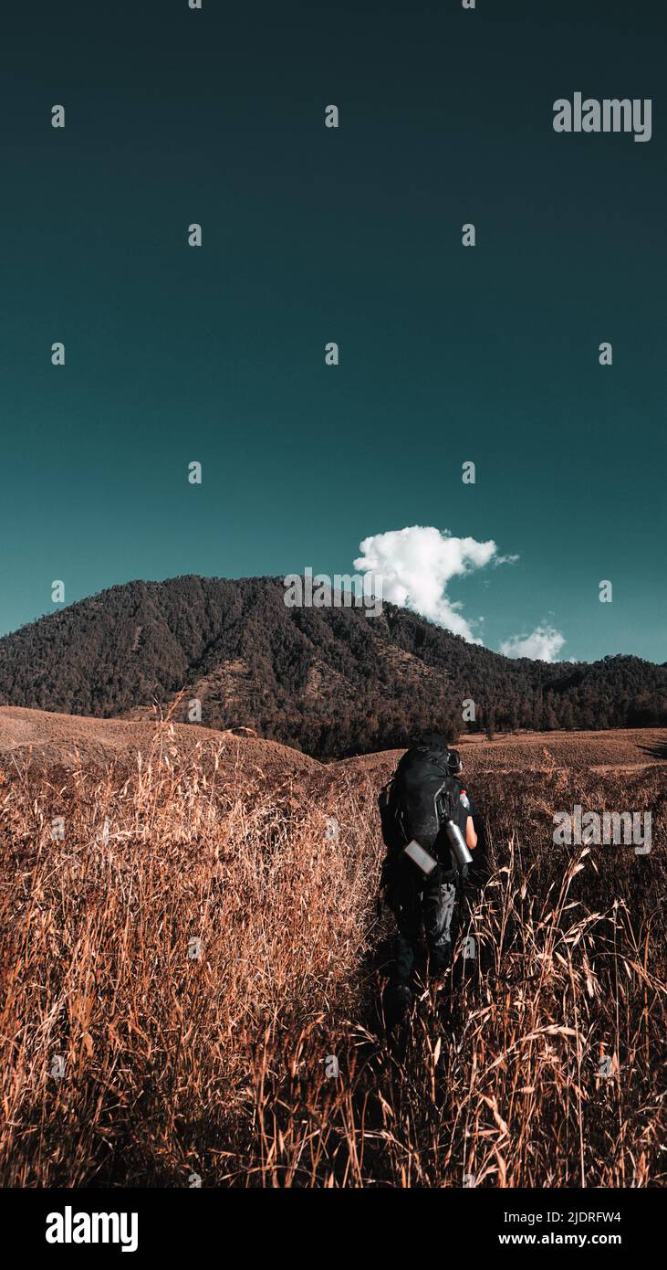 Uomo trekking Monte Semeru, Indonesia Foto Stock