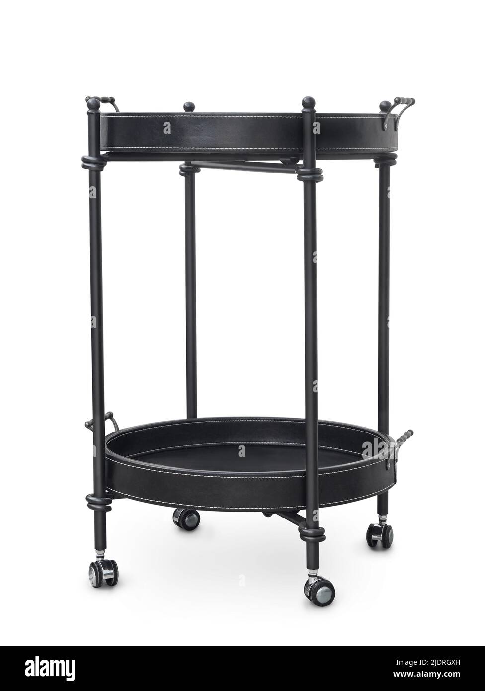 Carrello di servizio rotondo a due piani in acciaio e pelle isolato su bianco Foto Stock