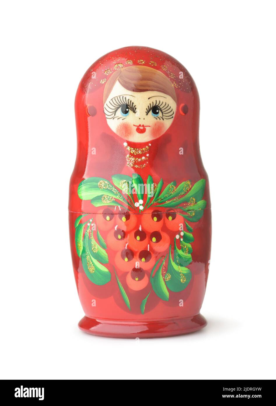 Vista frontale di una bambola di legno rosso di Matryoshka isolata su bianco Foto Stock