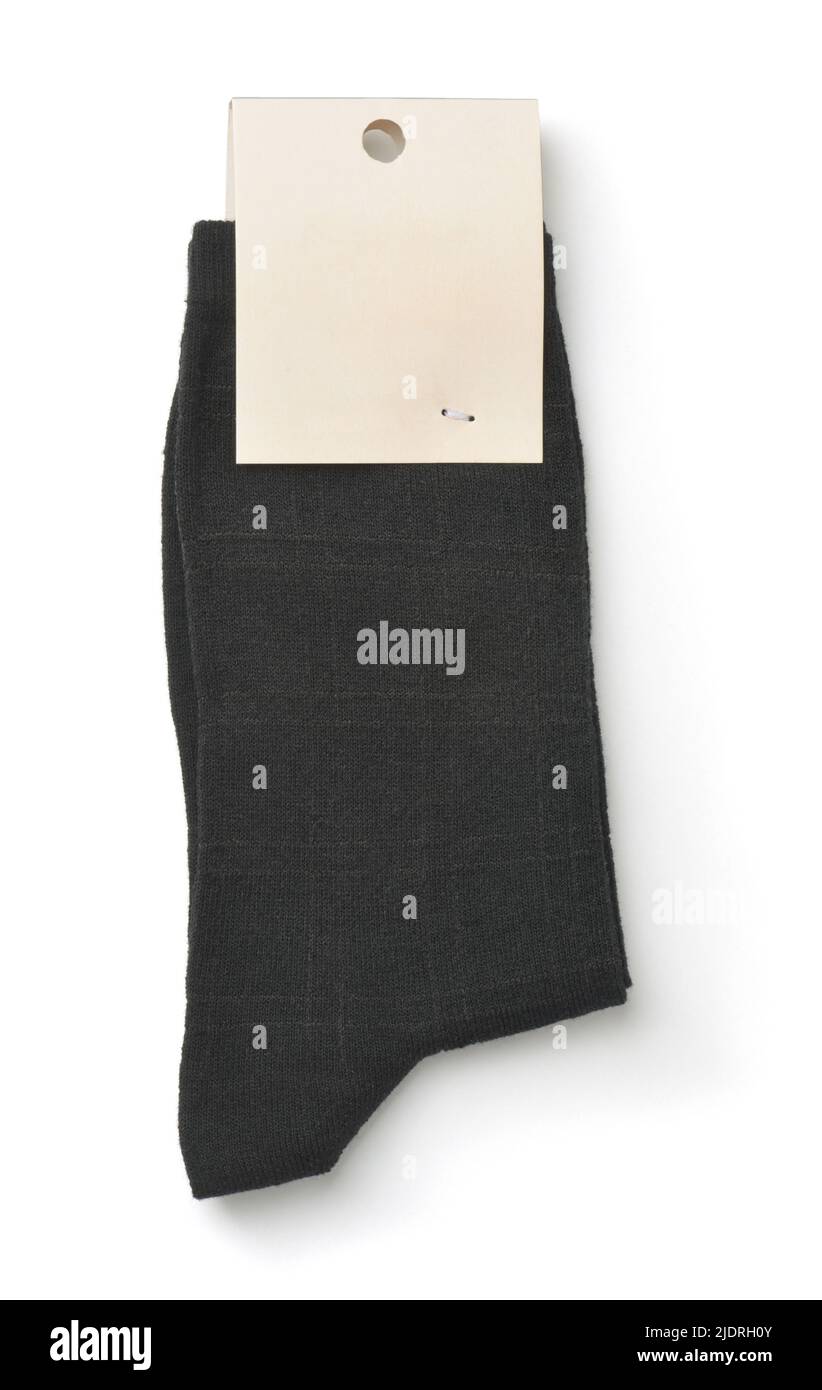 Calze uomo nero ripiegate con etichetta vuota isolata su bianco Foto Stock