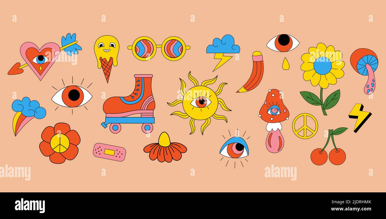 Retro 70s Vibe, adesivi hippie, elementi psichedelici grovy. Cartoon funky fiori e funghi, pattino a rotelle vecchio stile, arcobaleno, hippy vintage Illustrazione Vettoriale