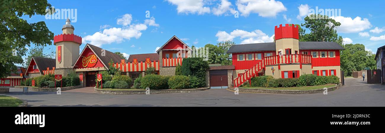 Gulliver's World, ingresso al resort Warrington, parco a tema e hotel - aree a tema Land, Gully Town e Safari Kingdom, Cheshire, UK, WA5 9YZ Foto Stock