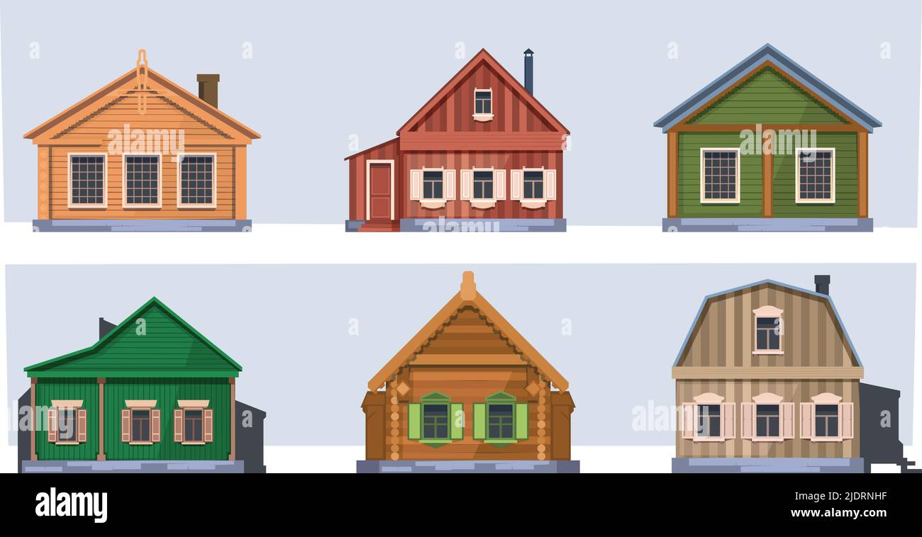 Edifici rurali russi. Row villaggio case russo villaggio garish vettore costruzioni in legno in stile piatto Illustrazione Vettoriale