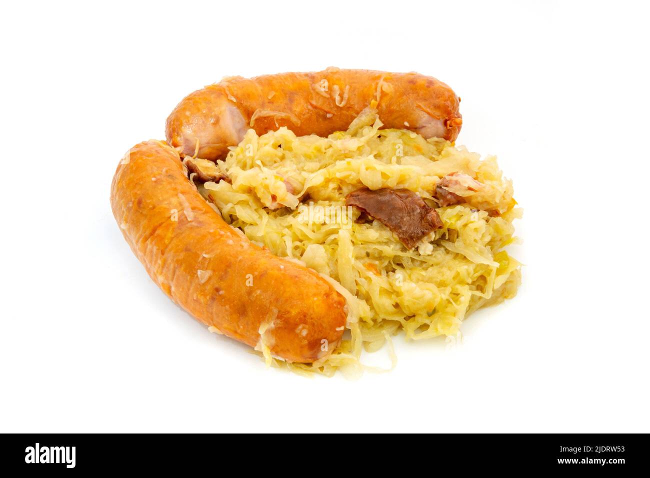 Salsiccia e crauti su sfondo bianco Foto Stock