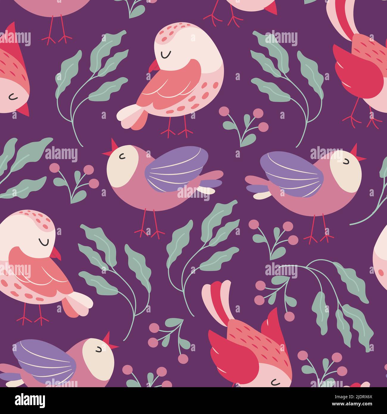 Uccelli colorati motivo senza cuciture. Uccelli esotici in diverse pose di stampa. Illustrazione vettoriale Illustrazione Vettoriale