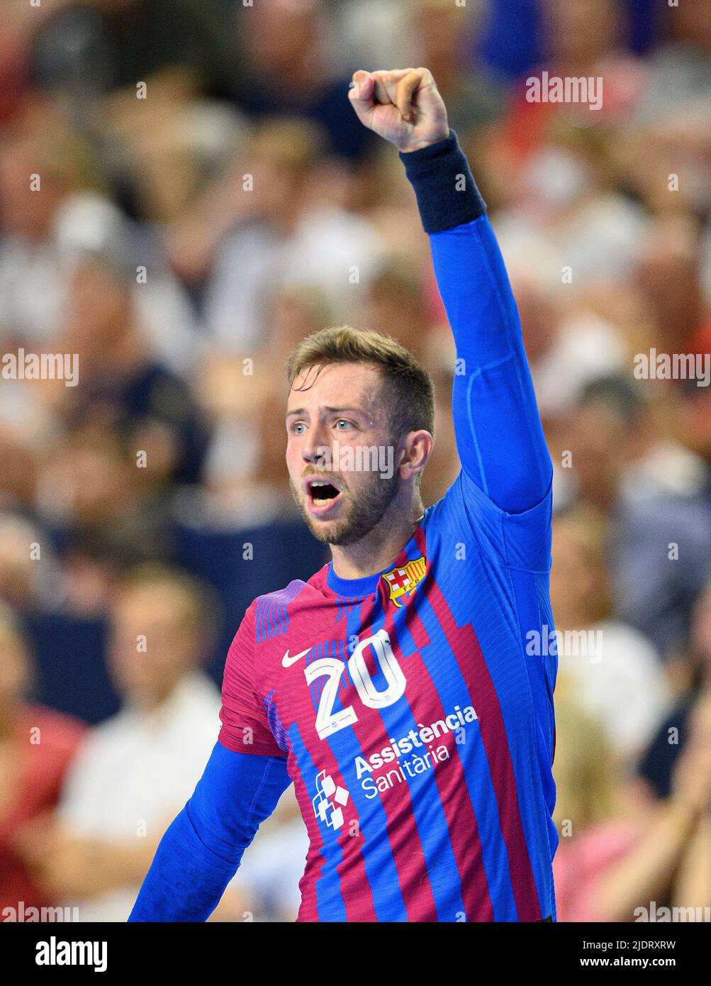 Jubilation Aleix GOMEZ (Barca) Handball Champions League Final Four, semifinali, THW Kiel (KI) vs FC Barcelona (Barca) 30:34, il 18th giugno 2022 a Koeln/ Germania. Â Foto Stock