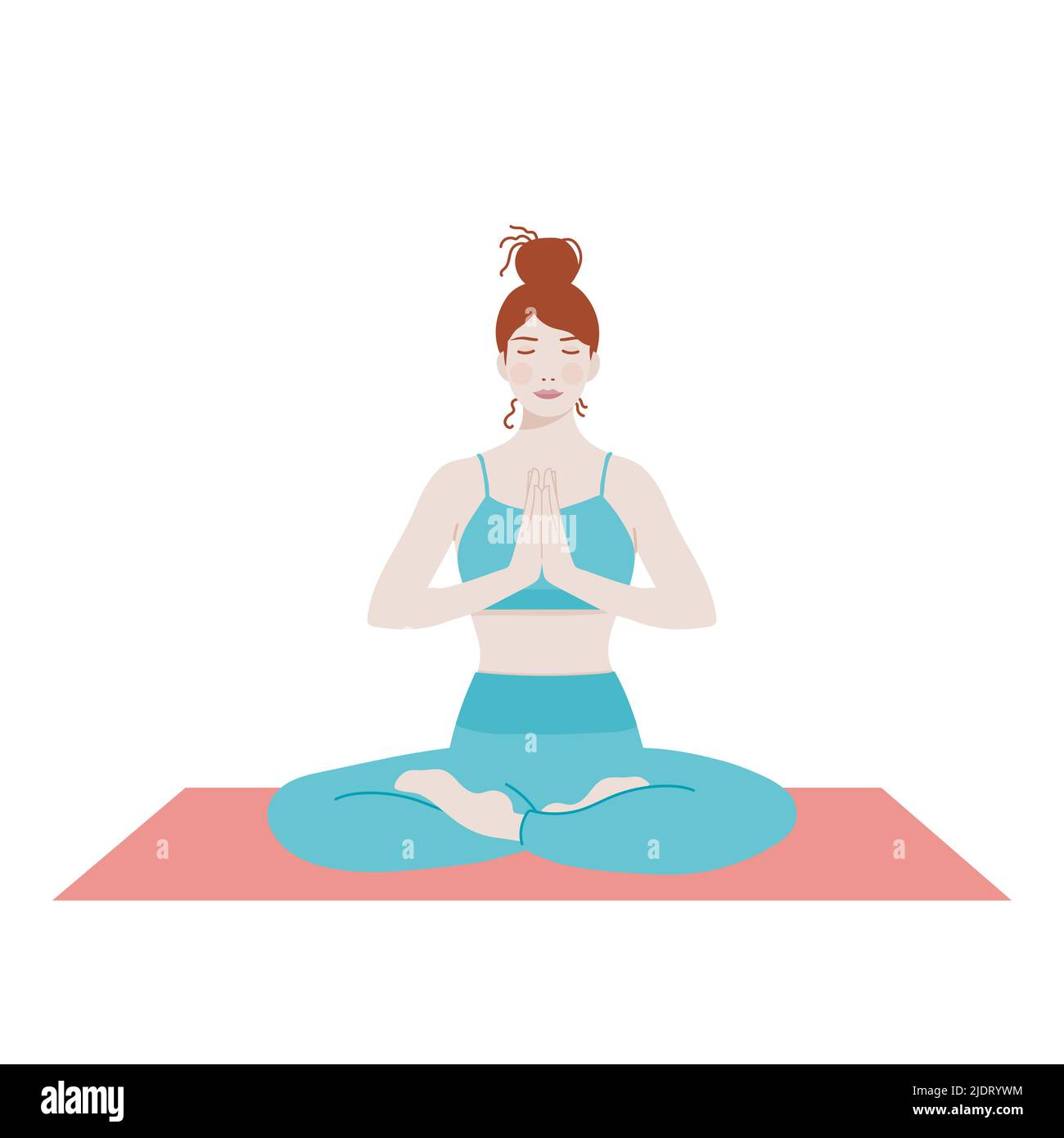 Donna con occhi chiusi con le mani insieme. Ragazza che pratica la meditazione. Yoga posa. Concetto di yoga, calma, concentrazione. Illustrazione vettoriale, piatta Illustrazione Vettoriale