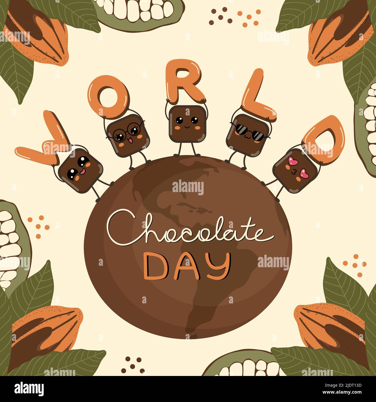 Giornata mondiale del cioccolato. Carino kawaii pezzi di cioccolato stand sul globo di cioccolato con lettere in mani, felice sorriso cubetti di cioccolato chatacters sulla frutta di cacao e foglie sfondo vettore. Illustrazione Vettoriale