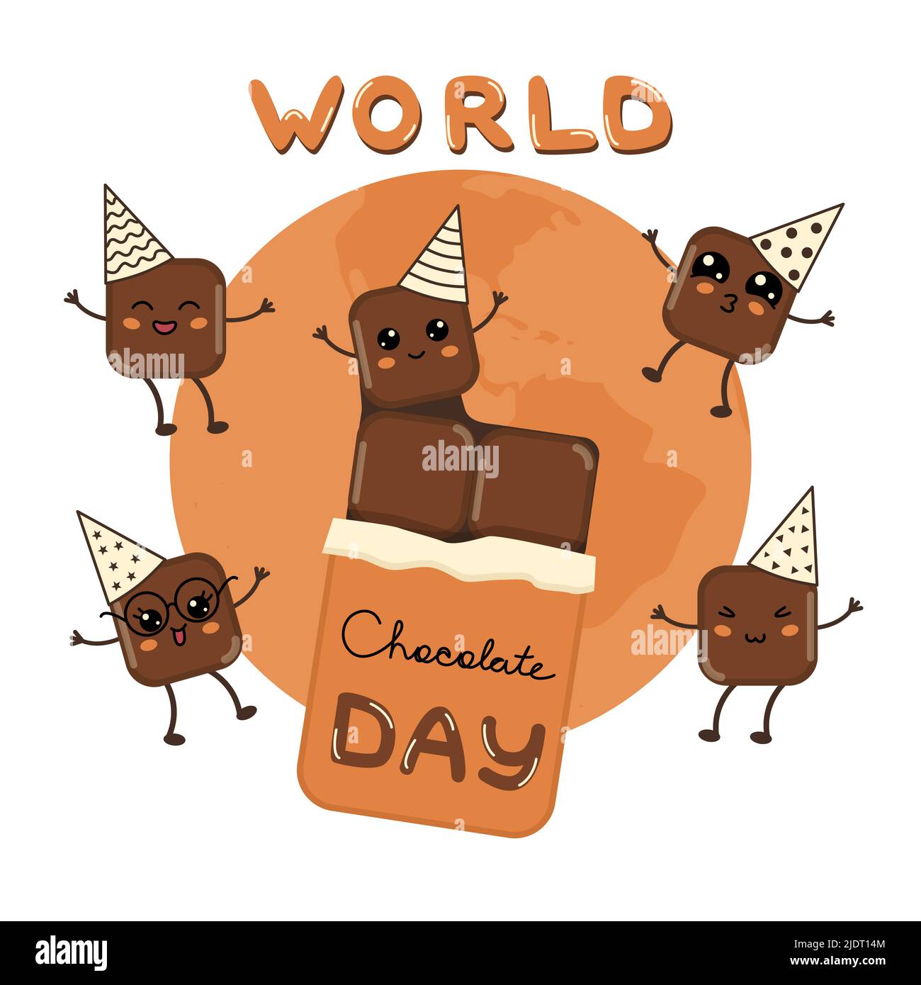 I graziosi pezzi di cioccolato kawaii celebrano la giornata mondiale del cioccolato. I cubi emoji di cioccolato in cappello da festa sorridono e saltano felice. Vacanza di cioccolato concetto ragazzi banner illustrazione vettoriale Illustrazione Vettoriale