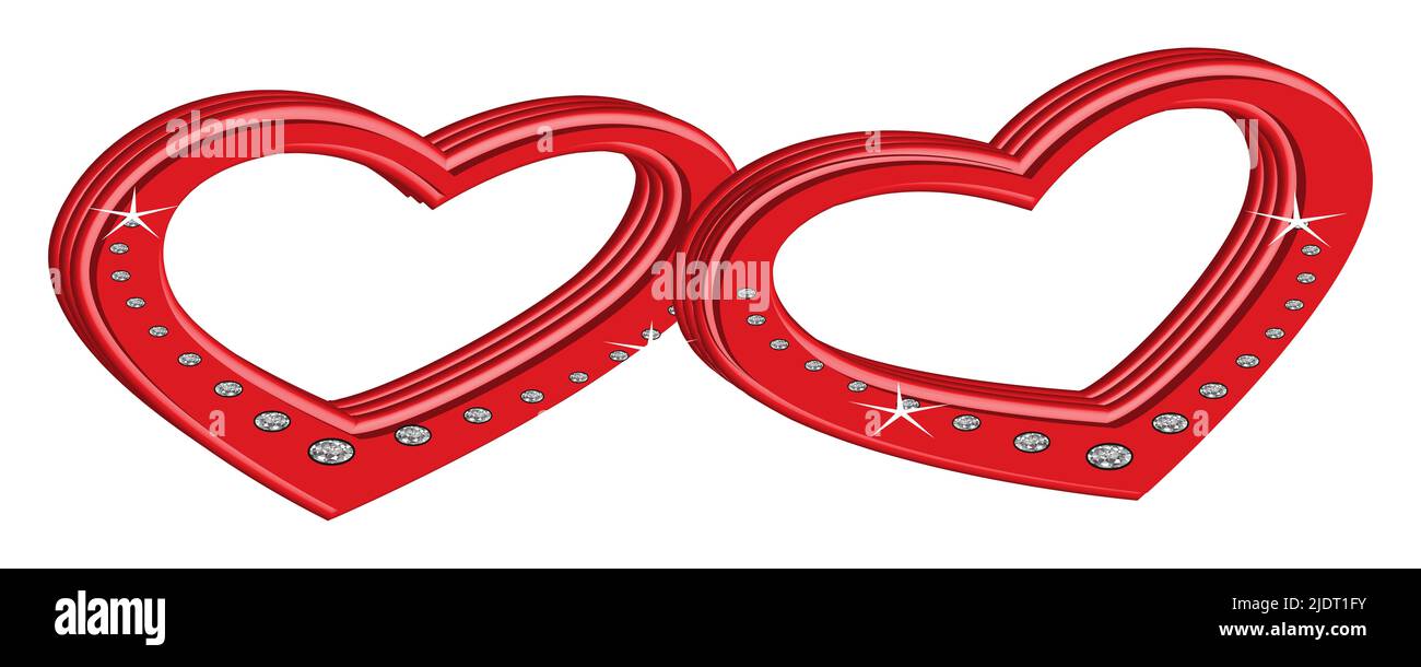 Due cuori rossi con diamanti. Amore e passione illustrazione Foto Stock