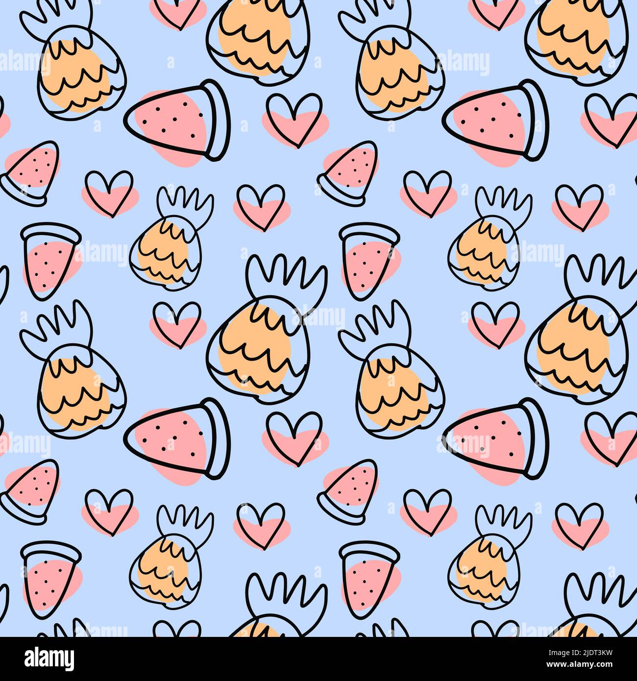 Vector Summer modello astratto con ananas e cocomero in stile doodle. Illustrazione Vettoriale