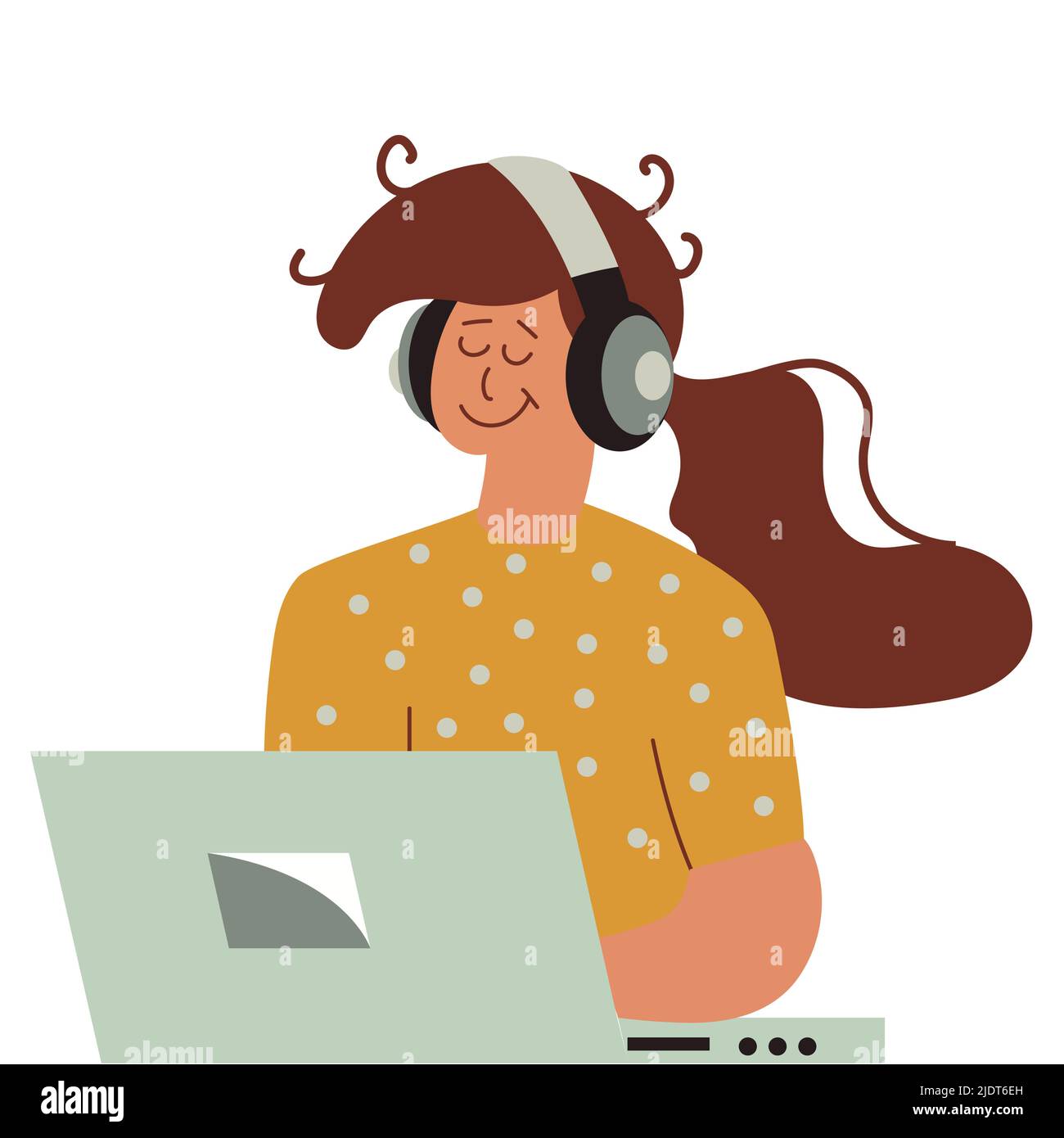 Ragazza che ascolta la musica su laptop e persona cartone animato donna illustrazione con cuffia. Giovane personaggio femminile con computer e auricolare ascoltare o li Illustrazione Vettoriale