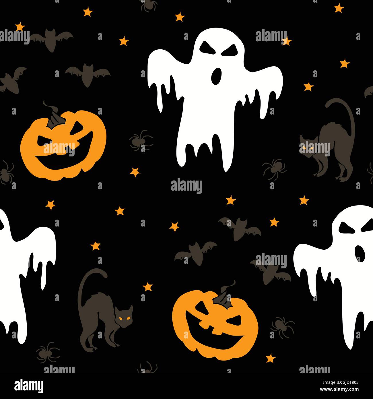 Pattern vettoriale senza cuciture con fantasma e zucche su sfondo nero. Halloween carta da parati design con gatti e pipistrelli. Moda tessile spaventoso. Illustrazione Vettoriale