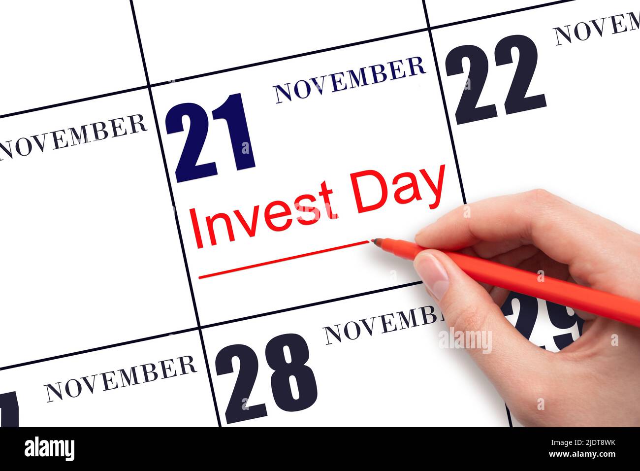 21st novembre. Disegno a mano linea rossa e scrittura del testo Invest Day in data calendario 21 novembre. Concetto commerciale e finanziario. Mese autunnale Foto Stock