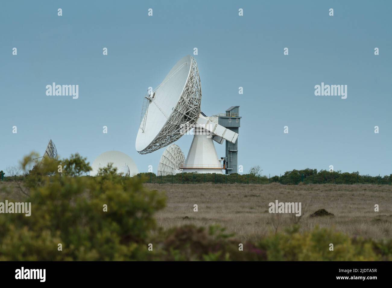 Piatti satellitari di Goonhilly Earth Station, Goonhilly Downs, il Lizard, Cornovaglia Foto Stock