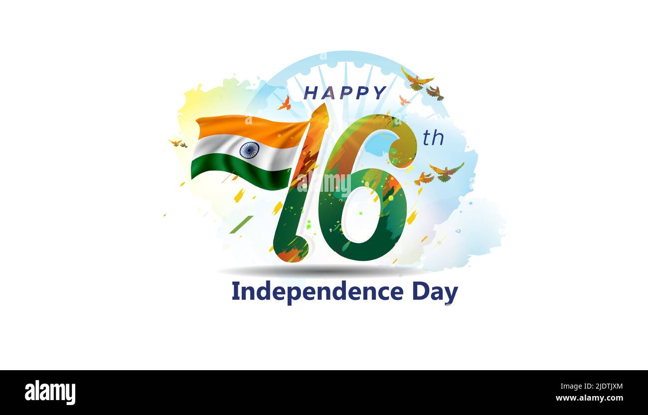 India giorno di indipendenza 15 agosto libertà concetto. Sfondo patriottico bandiera tricolore e 76 anni di glorioso sviluppo. Illustrazione Vettoriale