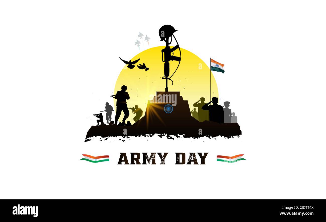 Poster patriottico indiano. Festa dell'indipendenza. Esercito soldati libertà combattenti memoriale sfondo con bandiera tricolore. Illustrazione Vettoriale