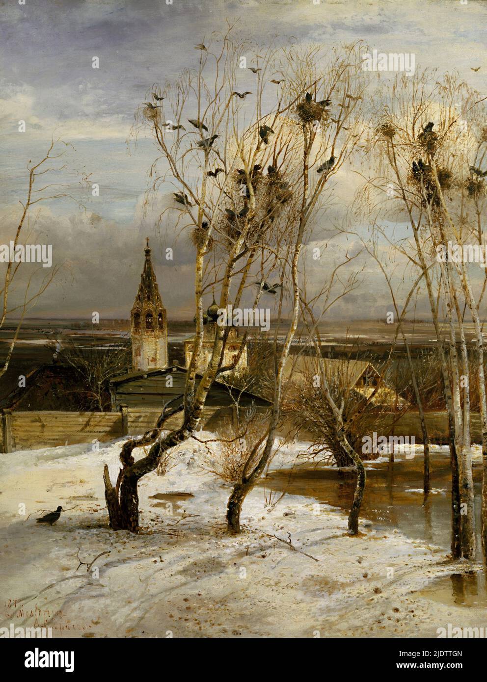 Artista: Aleksey Kondratyevich Savrasov (1830-1897) titolo: I Rooks sono tornati - Грачи прилетели anno: 1871 Medio: Olio su tela dimensioni: Altezza: 6 Foto Stock
