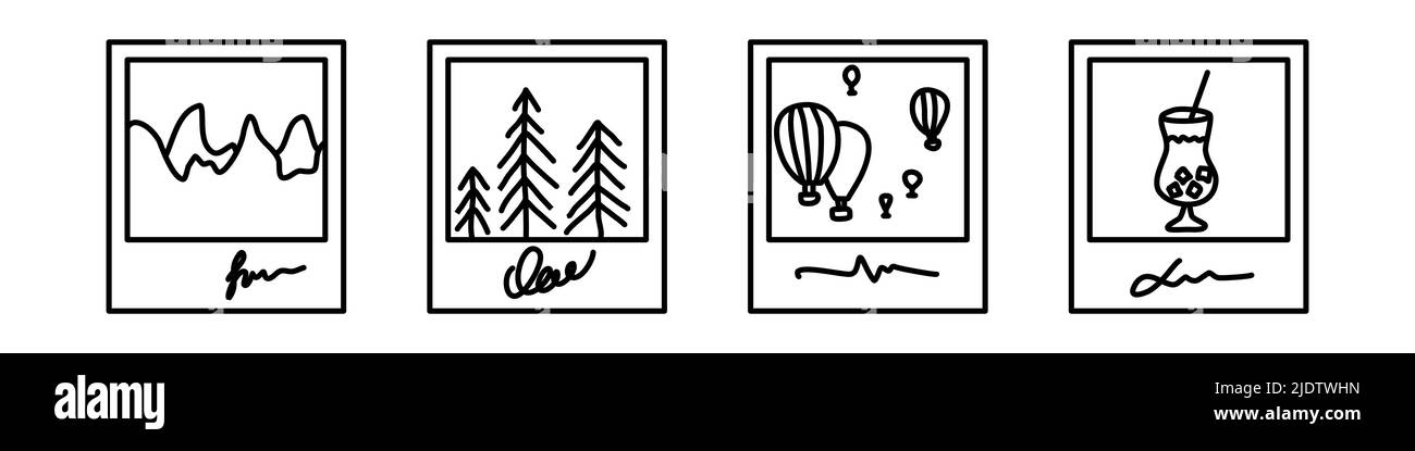 Set di simpatici ricordi della cornice fotografica in vacanza. Foto istantanea della fotocamera per album fotografico. Divertente disegno minimalista per un viaggio Illustrazione Vettoriale