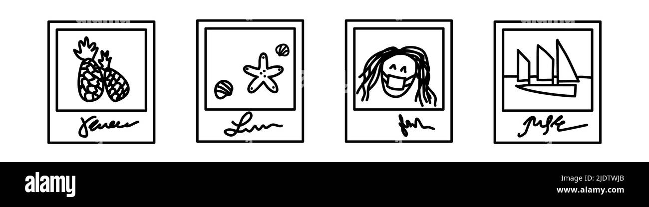 Set di simpatici ricordi della cornice fotografica in vacanza. Foto istantanea della fotocamera per album fotografico. Divertente disegno minimalista per un viaggio Illustrazione Vettoriale