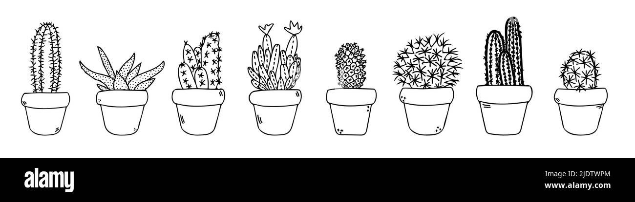 Cactus impostato in icone di schizzo vettoriale POT. Carino nero succulente illustrazione del profilo. Cactus messicani in flowerpot linea art. Illustrazione Vettoriale