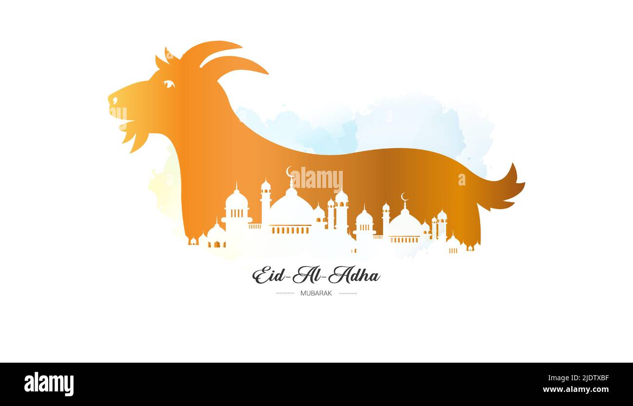 EID al Adha banner concept. Preghiere EID, moschea con animale capra, pecora e disegno di vacca. Festa islamica del sacrificio Eid ul-Adha o bakra eid. Illustrazione Vettoriale