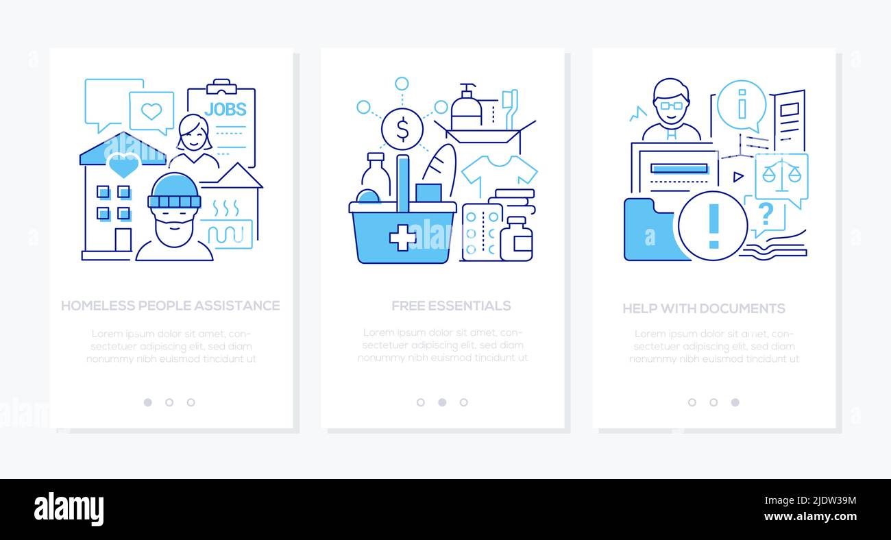 Assistenza persone senza tetto - linea di design banner stile set Illustrazione Vettoriale