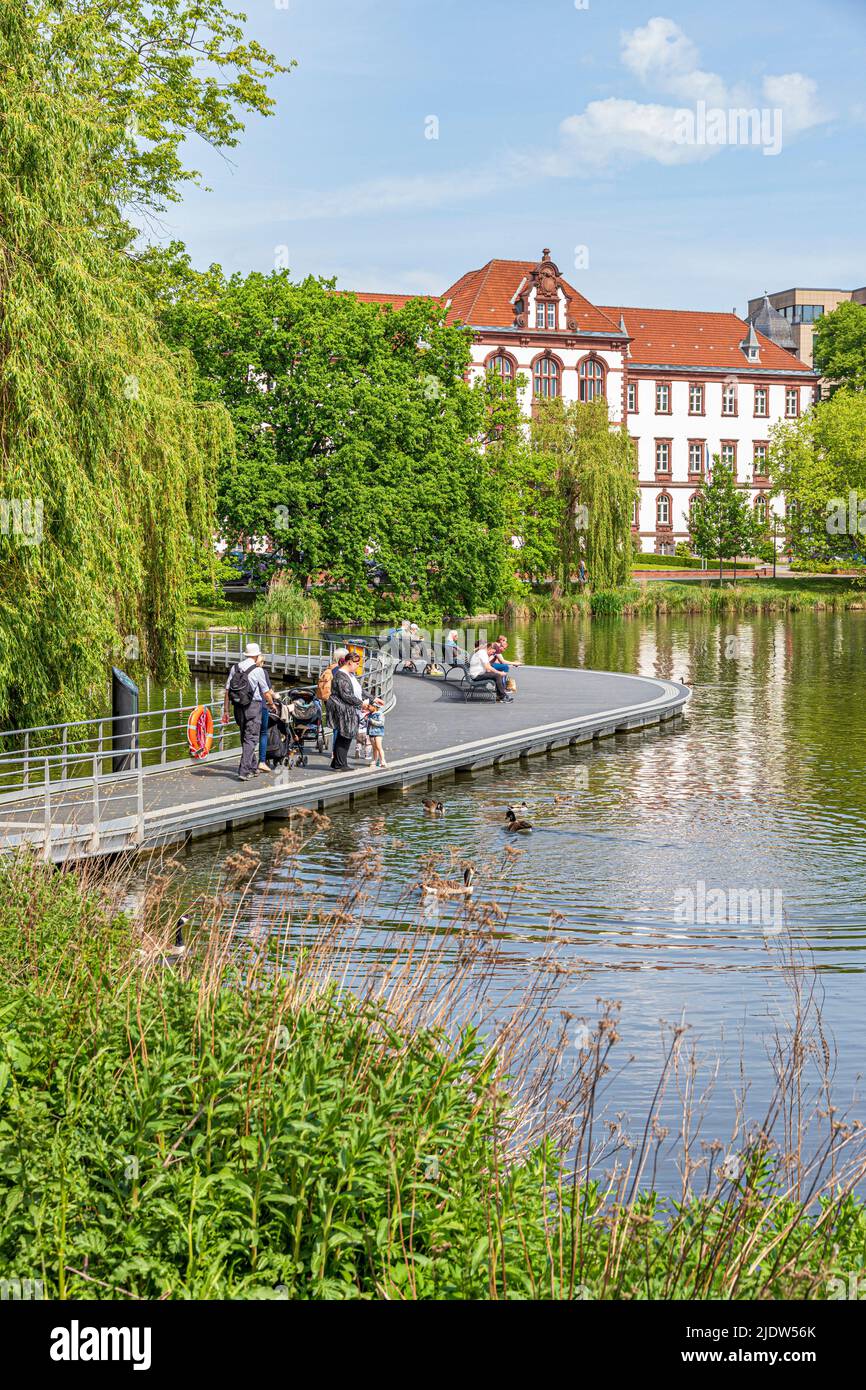 Nutrire le anatre al lago Kleiner Kiel a Kiel, Schleswig-Holstein, Germania Foto Stock