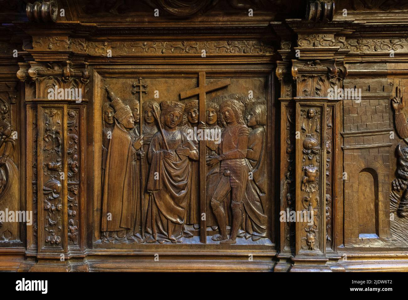 Spagna, Burgos. Cattedrale di Santa Maria, patrimonio dell'umanità. Incisioni sulle bancarelle del coro. Foto Stock