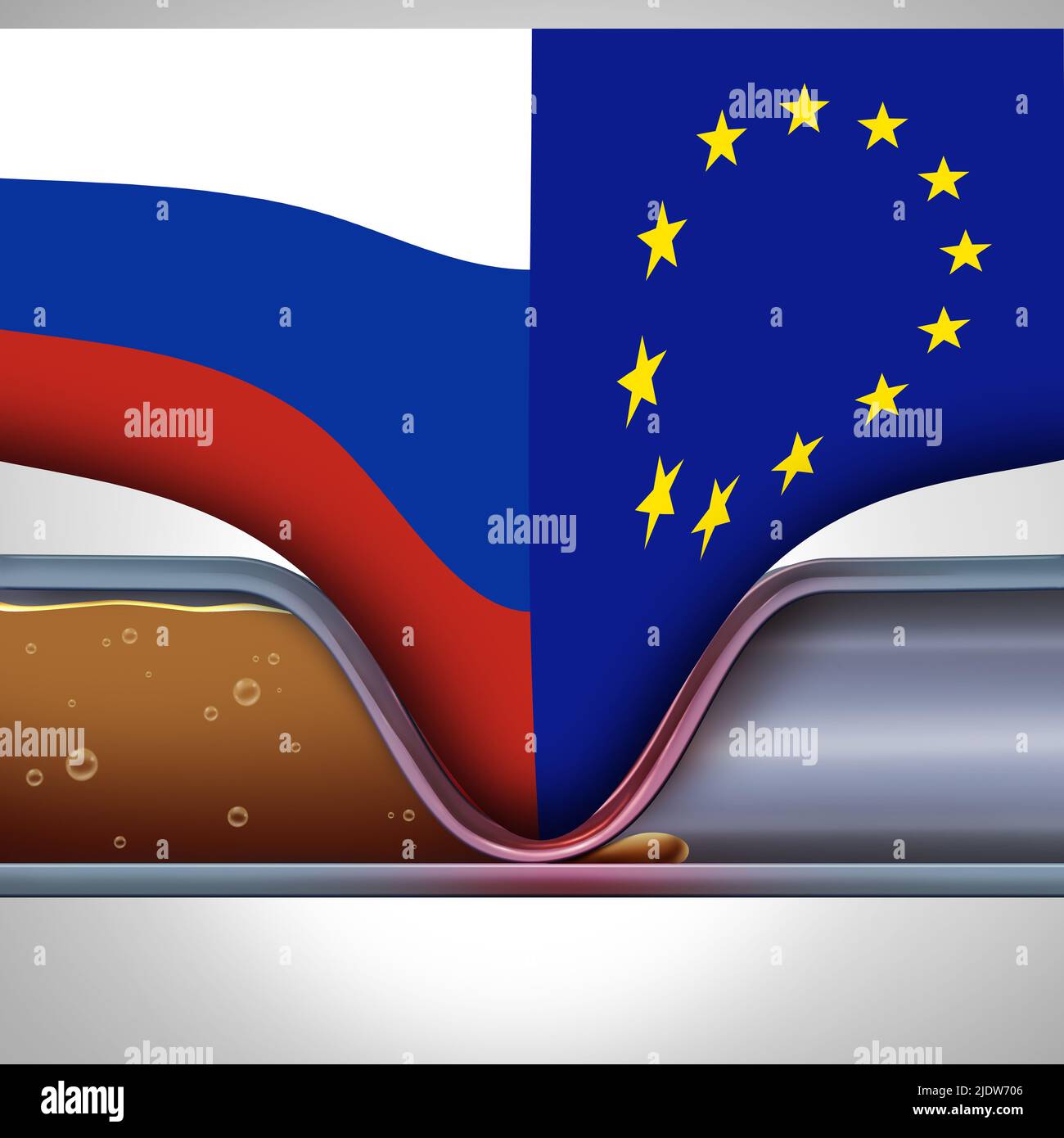 Russia Europa crisi del gas e crisi europea dell'approvvigionamento petrolifero o carenze dell'UE nell'approvvigionamento energetico come flusso di carburante di un gasdotto che viene tagliato da geopolitica. Foto Stock